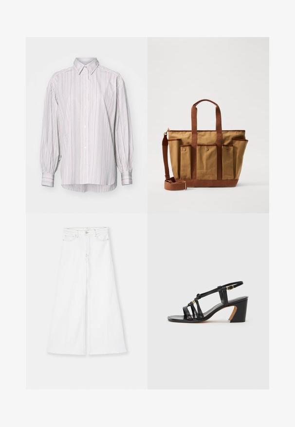 Pruhovaná košile na knoflíky v světlých barvách, s klasickým límcem, dlouhými nabíranými rukávy a mírně delším zadním lemem.; FRAME LE PALAZZO CROP RAW FRAY - Široké džíny - white; Paul Smith AMIRA - Klasické lodičky - black; Vanessa Bruno CABAS MULTIPOCH - Velká kabelka - capuccino