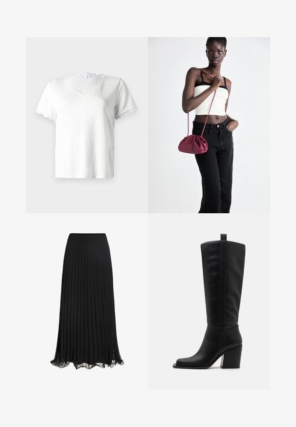 Hvit t-skjorte med kort erme og V-hals, prydet med delikat blonder på halsen og ermekantene, laget av lett stoff.; Svart plissert maxiskjørt laget av lett materiale med et flytende design. Har en volangkant og elastisk midje for komfort.; Sorte lærkne-høye støvler med firkantet tå, smal hæl og en vertikal sømdetalj langs den ytre skaftet. Glatt tekstur.; Burgunderfarget myk stoffhåndveske med en samlet design og en lang stropp, båret som en crossover. Modellen har på seg en hvit crop-top og svarte jeans.