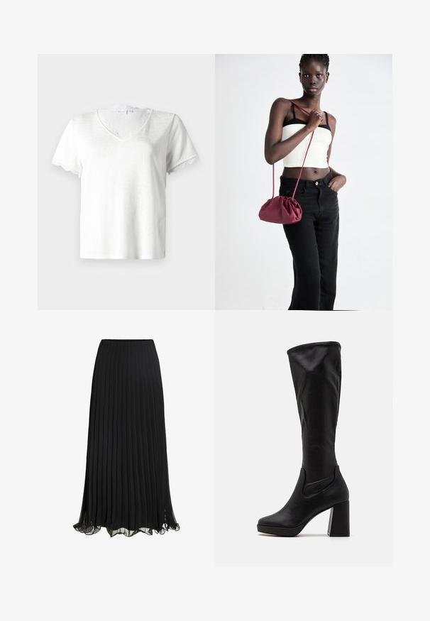 Fehér, rövid ujjú póló V-kivágással, amelyet finom csipke díszít a nyakrészen és az ujjak szélén, könnyű anyagból készült.; Fekete, redőzött maxi szoknya könnyű anyagból, áramló kialakítással. Ráncos szegéllyel és kényelmes gumis derékrésszel rendelkezik.; Fekete, térd fölötti csizmák sima bőrből, masszív blokk sarkukkal és rugalmas oldali panelekkel a könnyű felhúzhatóság érdekében.; Burgundy puha anyagú kézitáska, ráncolt dizájnnal és hosszú pánttal, keresztben hordva. A modellen fehér rövid top és fekete farmer van.