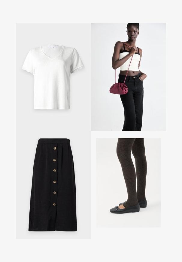 Tricou alb cu mânecă scurtă și decolteu în V, având o dantelă delicată la guler și la marginea mânecilor, fabricat dintr-un material ușor.; Fustă midi neagră dintr-un material texturat, cu închidere frontală cu cinci nasturi din bronz și o formă dreaptă.; Pantofi negri cu un detaliu mic de fundiță la vârf, asortați cu colanți maro închis, cu textură ondulată. Pantofii au o textură netedă și un profil joase.; Geantă dintr-un material moale de culoare burgundă, cu un design plisat și o curea lungă, purtată pe umăr. Modelul poartă un top alb scurt și blugi negri.