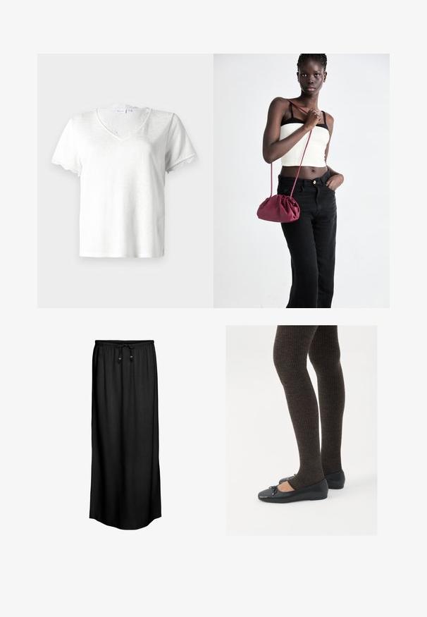 Camiseta blanca de manga corta con escote en V, que presenta un delicado borde de encaje en el cuello y los bordes de las mangas, fabricada con tejido ligero.; Falda maxi negra con cintura ajustable y dos toggles de madera, fabricada en un tejido ligero y suave, con un diseño simple y recto.; Zapatos planos negros con un pequeño lazo en la punta, combinados con medias de punto en marrón oscuro. Los zapatos tienen una textura suave y un perfil bajo.; Bolso de tela suave en burdeos con un diseño fruncido y una correa larga, usado cruzado. La modelo lleva una camiseta corta blanca y jeans negros.