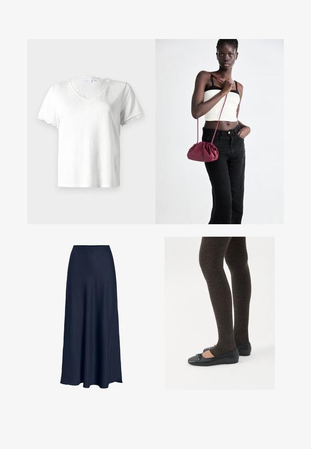 Balts īsām piedurknēm T-krekls ar V veida kakla izgriezumu, kuru rotā smalka mežģīņu apkakle un piedurkņu malas, izgatavots no viegla auduma.; Jūras zila satīna maksi svārki ar gludu tekstūru, augstu jostasvietu un plūstošu siluetu. Beidzas ar vieglu izliekumu apmales malā.; Melnas plakano formas kurpes ar mazu loku uz pirksta, apvienotas ar tumši brūnām ribotām zeķubiksēm. Kurpēm ir gluda tekstūra un zems profils.; Burgundijas mīkstas auduma soma ar sakoptu dizainu un garu siksnu, nēsāta uz krūšu. Modelis valkā baltu piegriezuma topu un melnas džinsus.