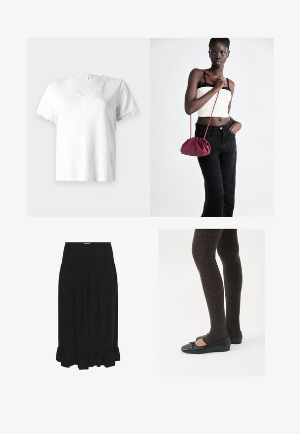 Bela kratka majica s kratkimi rokavi z V-izrezom, ki ima nežno čipkast rob okoli izreza in robov rokavov, izdelana iz lahkotnega materiala.; Črna midi krila z elastičnim pasom, narejena iz lahkega materiala, z nabirkami in volančkom na robu za dodaten detajl.; Črne ravne čevlje z majhnim lokom na prstih, v kombinaciji s temno rjavimi rebrastimi nogavicami. Čevlji imajo gladko teksturo in nizko obliko.; Burgundska mehka torbica z zbranim dizajnom in dolgim trakom, nošena čez telo. Model nosi belo kratko majico in črne kavbojke.