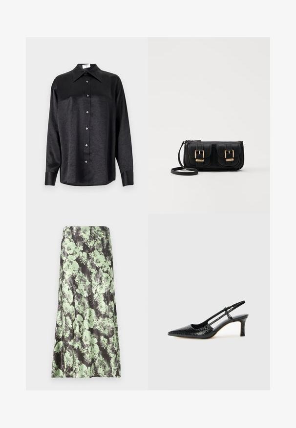 Cămașă neagră cu mânecă lungă, cu guler, cu o textură șifonată, cu nasturi pe toată lungimea și manșete. Fabricată dintr-un material neted.; Fustă florală cu o bază neagră și motive florale de culoare verde deschis. Materialul pare neted, cu o textură ușor lucioasă și o formă evazeată.; Pantofi cu toc slingback negri din patent, cu vârf ascuțit, cu imprimeu de șarpe texturat, curea ajustabilă și toc scurt texturat.; Geantă neagră din piele, tip crossbody, cu două buzunare frontale, catarame aurii, închidere cu fermoar și o curea subțire. Suprafață texturată și formă rectangulară compactă.