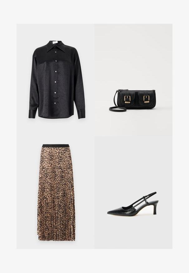 Camisa negra de manga larga con cuello, que presenta una textura arrugada, botón frontal completo y puños. Fabricada en un tejido suave.; Falda maxi plisada en beige con un estampado de leopardo negro, que presenta una cinturilla elástica negra y una tela ligera y texturizada.; Tacón slingback negro de charol con punta afilada, que presenta un estampado de serpiente texturizado, correa ajustable y un tacón bloque corto y texturizado.; Bolso cruzado de cuero negro con dos bolsillos frontales, hebillas doradas, cierre de cremallera y una correa delgada. Superficie texturizada y forma rectangular compacta.