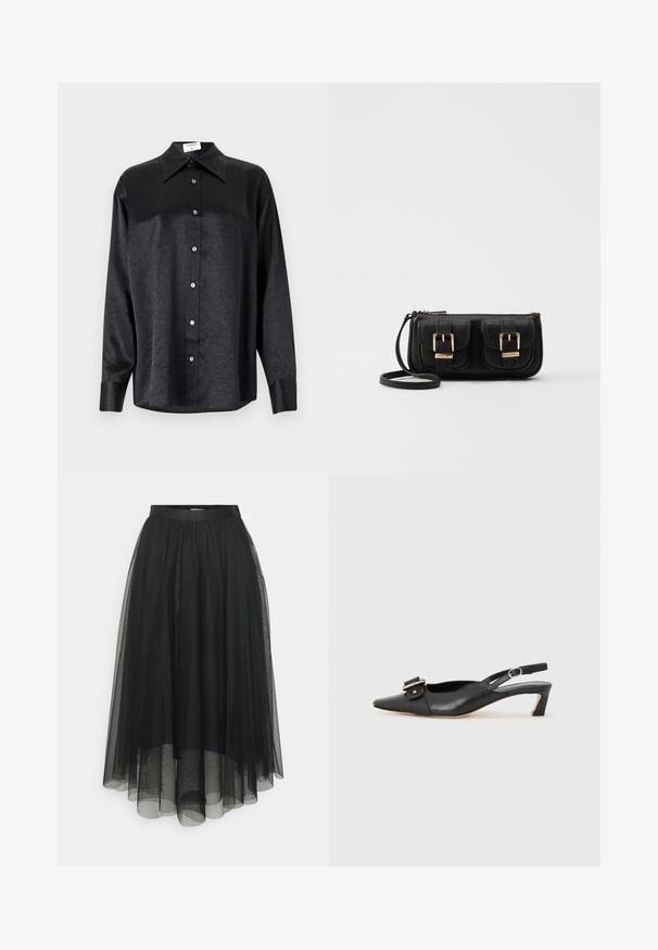 Musta pitkähiha vaarallista paitaa, jossa on kauluspanta, ryppytynyt pinta, täysi napitus edessä ja hihansuut. Valmistettu sileästä kankaan.; Musta tylli hame, jossa on tiukka vyötärö, kerrosrakenne ja läpikuultava pinta. Pituus ulottuu polven keskelle, ja hameessa on sileä sisävuori.; Musta nahkainen slingback-kengät terävällä kärjellä, pienellä korolla ja koristeellisella solkikuvioinnilla yläosassa. Sujuva pinta, minimalistinen muotoilu.; Musta nahkainen olkalaukku, jossa on kaksi etutaskua, kultaiset soljet, vetoketjukiinnitys ja kapea hihna. Teksturoidun pinnan ja kompaktin suorakaiteen muoto.