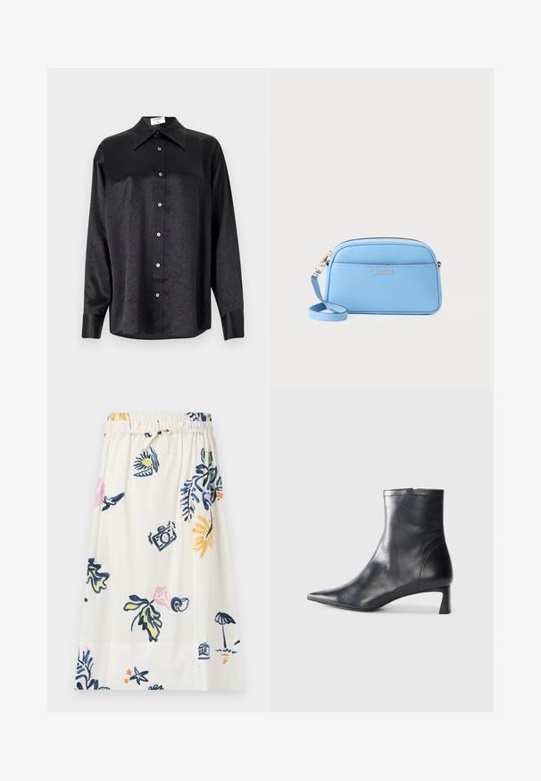 Schwarzes Langarmhemd mit kragenförmigem Halsausschnitt, mit einem zerknitterten Textur, voller Knopfleiste und Manschetten. Hergestellt aus einem glatten Stoff.; Weißer knielanger Rock mit floralem und ikonographischem Druck in Blau, Pink und Gelb. Elastischer Bund mit einer Schnüroption.; Schwarze Lederstiefelette mit spitzer Zehe und schlankem Design. Verfügt über einen niedrigen Absatz und einen Reißverschluss hinten. Glatte Textur.; Hellblaues Leder-Crossbody-Bag mit goldfarbenen Beschlägen, Reißverschluss und einer Fronttasche. Verfügt über einen verstellbaren Riemen für zusätzlichen Komfort.