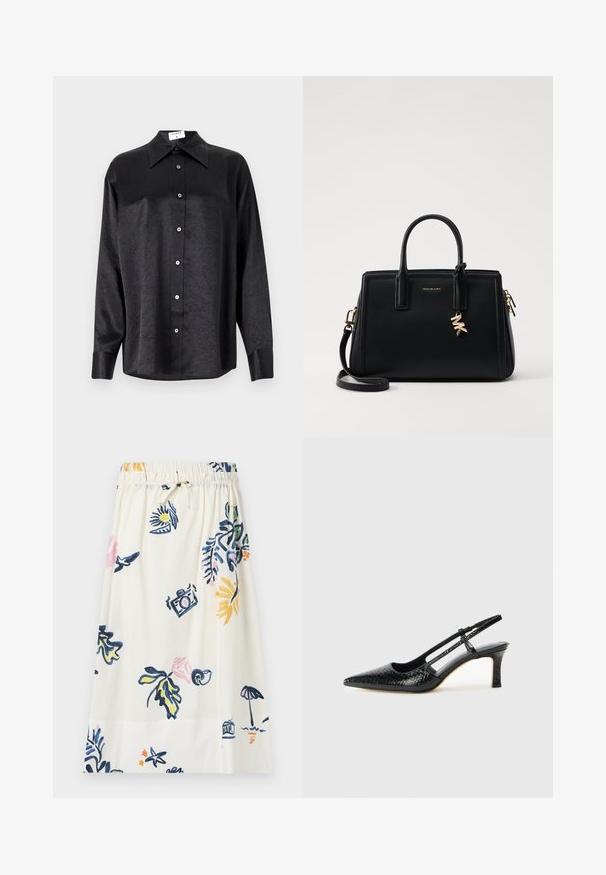 Svart langermet skjorte med krage, som har en rynket tekstur, fullt knappet front og mansjetter. Laget av et glatt stoff.; Hvit knelengd skjørt med blomster- og ikonografisk trykk i blått, rosa og gult. Elastisk midjebånd med knytedetalj.; Sorte patent slingback hæl med spids tå, featuring tekstureret slangeskind, justerbar rem og en kort, tekstureret blokhæl.; Svart skinnhåndveske med strukturert design, doble topphåndtak, avtakbar skulderrem, gullfarget hardware og en logo-detalj.
