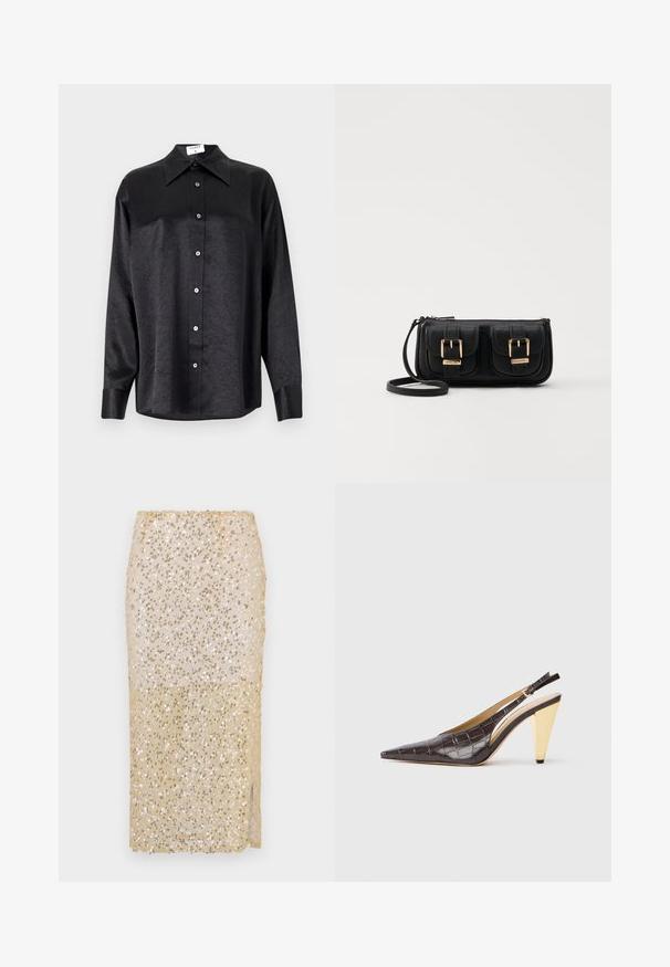 Musta pitkähiha vaarallista paitaa, jossa on kauluspanta, ryppytynyt pinta, täysi napitus edessä ja hihansuut. Valmistettu sileästä kankaan.; Marella PRATER - Kynähame - panna; Kärppäotsa slingback-korkokengät tummanruskeasta kiiltävästä keinonahasta, joka imitoi krokotiilin ihoa. Malleissa on kultasävyinen geometrinen korko ja säädettävä nilkkaremmi.; Musta nahkainen olkalaukku, jossa on kaksi etutaskua, kultaiset soljet, vetoketjukiinnitys ja kapea hihna. Teksturoidun pinnan ja kompaktin suorakaiteen muoto.