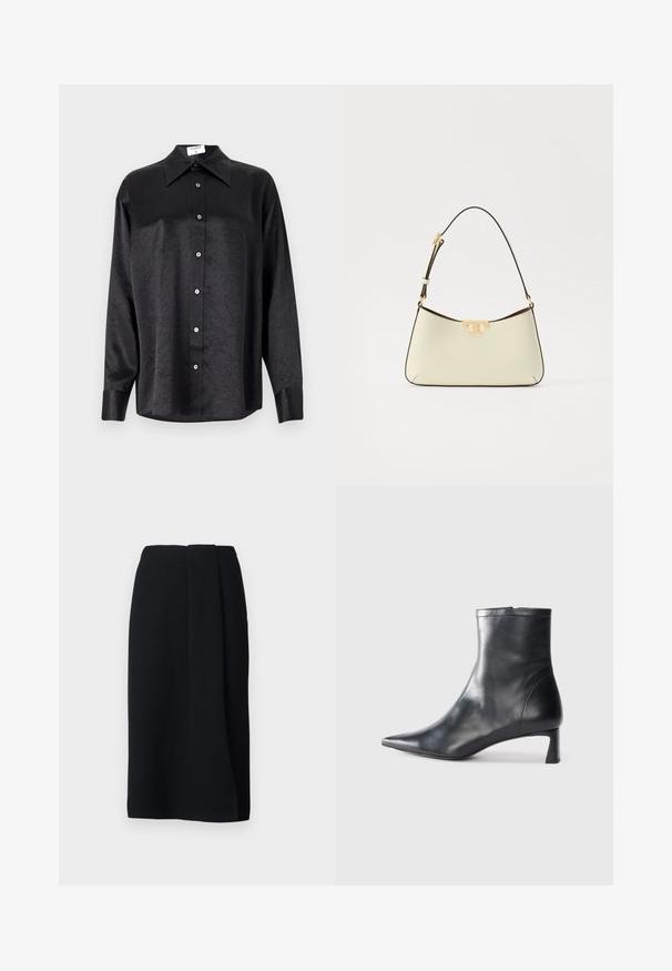 Black long-sleeve shirt with a collared neckline, featuring a crinkled texture, full button front, and cuffs. Made from a smooth fabric.; Weekend Max Mara DEBORAH - Pencil skirt - nero; Black leather ankle boot with a pointed toe and a sleek design. Features a low heel and a zipper closure at the back. Smooth texture.; Leather handbag in cream with a curved shape. Features a gold-tone logo accent and a thin, adjustable dark strap.