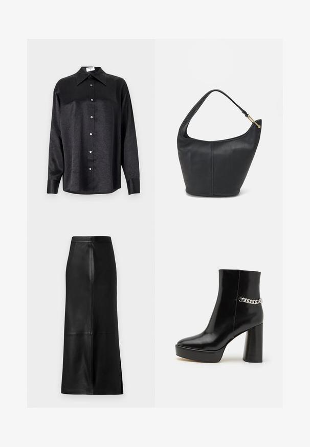 Črna srajca z dolgimi rokavi in ovratnikom, ki ima gubasto teksturo, celotno zapenjanje na gumb in manšete. Izdelana iz gladkega materiala.; Črna usnjena krila z ravno silhueto, ki ima razporek zadaj, gladko teksturo in vidne šive.; Črne lakirane gležnjarje z debelo platformo in visokim blok peto. Imajo srebrno verigo kot okras ob strani. Gladka tekstura.; Črna usnjena torbica ovalne oblike, s širokim pasom in teksturirano površino. Ima subtilno šivano podrobnost in zlate dodatke.