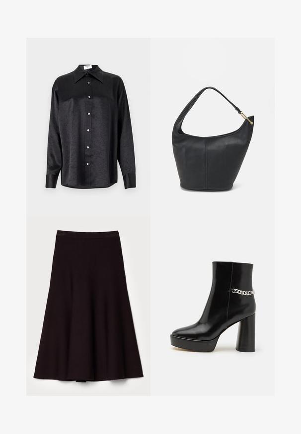 Cămașă neagră cu mânecă lungă, cu guler, cu o textură șifonată, cu nasturi pe toată lungimea și manșete. Fabricată dintr-un material neted.; Fustă neagră, cu tiv evazat, realizată dintr-un material moale, având un brâu neted și un design fluid în formă de A, cu un tiv la nivelul genunchilor.; Botine negre din piele lacuită, cu platformă masivă și toc înalt. Prezintă un accent din lanț argintiu pe lateral. Textură netedă.; Geantă din piele neagră, cu o formă rotunjită, curea lată și un finisaj texturat. Are detalii subtile de cusătură și un accent din metal de culoare aurie.