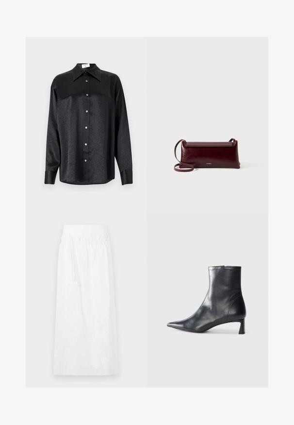 Zwarte blouse met lange mouwen en een kraag, voorzien van een gekreukt oppervlak, volwaardige knopen aan de voorkant en manchetten. Gemaakt van een gladde stof.; Witte maxi-jurk met een elastische tailleband, subtiele bloemstof en een vloeiende uitstraling. Gemaakt van lichtgewicht stof.; Zwarte leren enkellaars met een spitse neus en een slank ontwerp. Heeft een lage hak en een ritssluiting aan de achterkant. Gladde textuur.; Bordeaux lederen schoudertas met een gladde textuur, rechthoekige vorm, klep sluiting en een dunne verstelbare schouderband. Gouden logo detail zichtbaar.