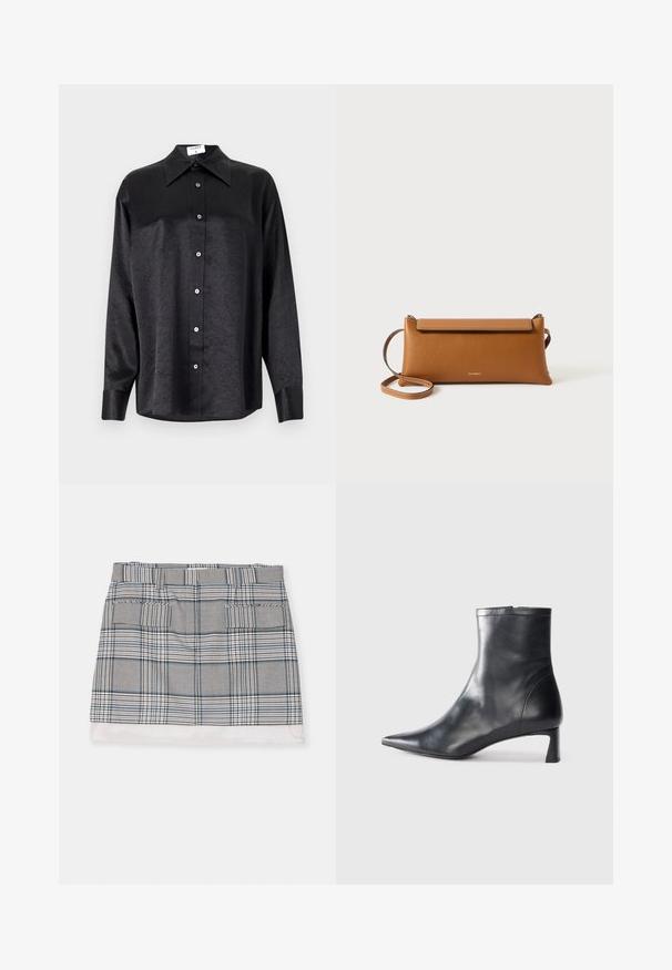 Juodas ilgarankovis marškinis su apykakle, turintis plėšyta tekstūra, visiško mygtukų uždarymo priekyje ir rankogaliais. Pagamintas iš lygaus audinio.; Juostuota mini sijonas juodos, baltos ir mėlynos spalvų. Yra dvi priekinės kišenės ir vientisas baltas apvadas. Lengvas audinys su lygiu paviršiumi.; Juodas odinis kulkšninis batas su smailiu pirštu ir elegantišku dizainu. Turi žemą kulną ir užtrauktuką gale. Lygi tekstūra.; Ruda odinė rankinė, stačiakampio formos, tekstūruotas paviršius, nuimama juostelė, užtrauktukas, subtilus logotipas įspaustas priekyje.