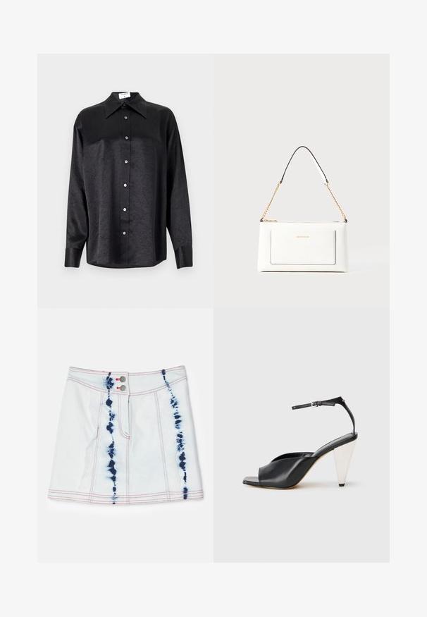 Čierna košeľa s dlhým rukávom a golierom, s pokrčenou textúrou, plne gombíkovou prednou časťou a manžetami. Vyrobená z hladkého materiálu.; Džinová mini sukňa v svetlom modrom odtieni s tmavomodrými batikovanými vzormi. Obsahuje červené švy a dve predné gombíky. Krátka dĺžka s úzkym strihom.; Čierne kožené sandále na vysokých podpätkoch s otvorenou špičkou, asymetrickým dizajnom, remienkom okolo členka a kovovým kužeľovitým podpätkom. Hladká textura po celom povrchu.; Biele kožené kabelka s textúrovaným povrchom, ktorá má zlatý retiazkový popruh a čierne akcenty. Obsahuje prednú kapsu a zipsové zapínanie.