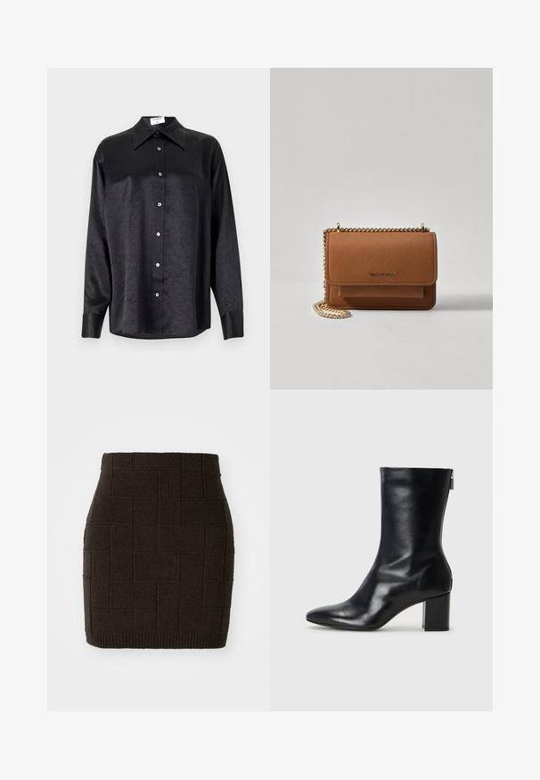 Chemise noire à manches longues avec un col, présentant une texture froissée, une fermeture à boutons sur le devant et des poignets. Fabriquée en tissu lisse.; Jupe courte tricotée en marron foncé avec un motif tissé texturé et une taille ajustée. L'ourlet est côtelé pour plus de détail.; Bottine en cuir noir avec un bout pointu et un talon carré de 4 cm. Design élégant avec une fermeture éclair sur le côté pour un enfilage facile. Texture lisse.; Sac en cuir texturé marron en bandoulière avec une sangle en chaîne dorée et une fermeture à rabat. L'avant présente un détail de logo et une poche sous le rabat.