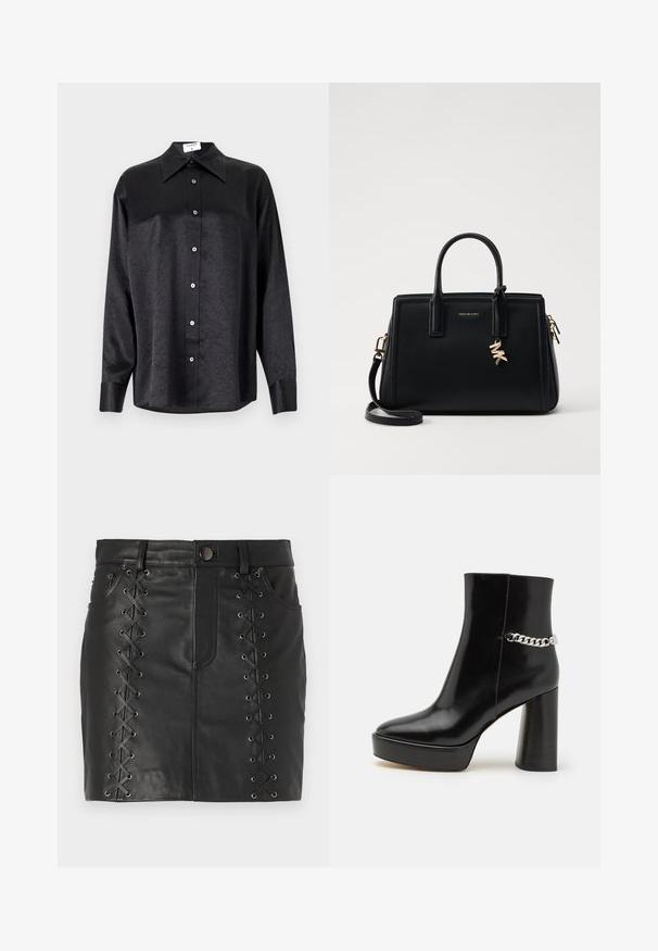 Camisa negra de manga larga con cuello, que presenta una textura arrugada, botón frontal completo y puños. Fabricada en un tejido suave.; Minifalda de cuero negra con detalles de cordones a los lados con ojales de metal, diseño de cinco bolsillos y silueta ajustada.; Botín de tobillo de charol negro con plataforma chunky y tacón alto en bloque. Presenta un acento de cadena plateada en el lateral. Textura suave.; Bolso de piel negra con diseño estructurado, doble asa superior, correa de hombro desmontable, herrajes dorados y un charm de logo como acento.
