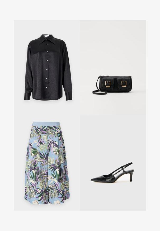 Cămașă neagră cu mânecă lungă, cu guler, cu o textură șifonată, cu nasturi pe toată lungimea și manșete. Fabricată dintr-un material neted.; O fustă până la genunchi, cu o bază albastră și un model vibrant de frunze tropicale în nuanțe de verde, mov și bej, completată cu o talie de un albastru deschis.; Pantofi cu toc slingback negri din patent, cu vârf ascuțit, cu imprimeu de șarpe texturat, curea ajustabilă și toc scurt texturat.; Geantă neagră din piele, tip crossbody, cu două buzunare frontale, catarame aurii, închidere cu fermoar și o curea subțire. Suprafață texturată și formă rectangulară compactă.