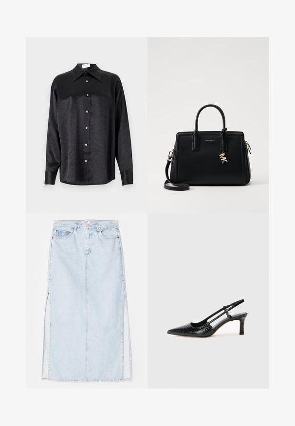 Čierna košeľa s dlhým rukávom a golierom, s pokrčenou textúrou, plne gombíkovou prednou časťou a manžetami. Vyrobená z hladkého materiálu.; Svetlo modrá dlhá riflová sukňa so strihom na rovno, s bočnými rozparkami a dizajnom s piatimi vreckami. Výrazné prešívanie a kovový zips na zapínanie.; Čierne patentové slingback topánky na ihlovom podpätku s špicatou špičkou, s textúrovaným hadím vzorom, nastaviteľným popruhom a krátkym, textúrovaným blokovým podpätkom.; Čierna kožená kabelka so štruktúrovaným dizajnom, dvojitými hornými uchami, odnímateľným ramenným popruhom, zlatými kovovými detailmi a akcentom logového prívesku.