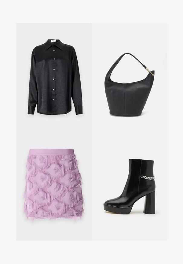 Fekete, hosszú ujjú ing, galléros nyakkal, gyűrött textúrával, teljes gombos elejével és mandzsettákkal. Simaságú anyagból készült.; Marella DEMIEN - Miniszoknya - lilla; Fekete lakk bőr bokacsizma vastag talppal és magas blokksarkúval. Az oldalon ezüst lánc részlet található. Simított felület.; Fekete bőrtáska kerekded formával, széles pánttal és texturált felülettel. Finom varrási részletekkel és arany színű fém díszítéssel rendelkezik.
