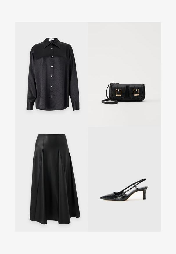 Cămașă neagră cu mânecă lungă, cu guler, cu o textură șifonată, cu nasturi pe toată lungimea și manșete. Fabricată dintr-un material neted.; Fustă din piele neagră cu pliseuri, textură netedă, design de lungime medie și talie ajustată. Stil minimalist, fără hardware vizibil.; Pantofi cu toc slingback negri din patent, cu vârf ascuțit, cu imprimeu de șarpe texturat, curea ajustabilă și toc scurt texturat.; Geantă neagră din piele, tip crossbody, cu două buzunare frontale, catarame aurii, închidere cu fermoar și o curea subțire. Suprafață texturată și formă rectangulară compactă.
