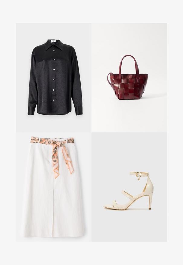 Musta pikemate varrukatega särk, millel on krae ja kortsus tekstuur, täispikk nööpidega eesmine osa ja varrukate mansetid. Valmistatud siledast kangast.; Valge midi seelik koos mustritud siidist lipsuga vööl. Omab sirget lõiget ja peent tekstuuri. Pole nähtavaid kinnitusi.; Bežid kõrge kontsaga sandaalid koos õhukese pahkluu rihmaga ja kahe ülemise rihmaga. Läikiv lakkviimistlus ja kuldne detail pahkluurihmadel.; Kootud burgundia nahast käekott, millel on kaks lühikest sangakäepidet ja eemaldatav õlavarre rihm. Omab struktureeritud kuju ja sujuvat tekstuuri.