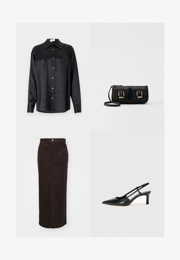 Black long-sleeve shirt with a collared neckline, featuring a crinkled texture, full button front, and cuffs. Made from a smooth fabric.; Brown corduroy maxi skirt featuring vertical ribbing, a straight cut, front button closure, and two side pockets.; Black patent slingback heel with a pointed toe, featuring textured snake print, adjustable strap, and a short, textured block heel.; Black leather crossbody bag with two front pockets, gold buckles, zipper closure, and a slim strap. Textured surface and compact rectangular shape.