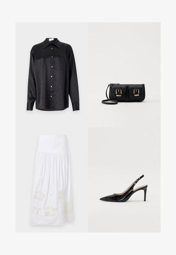 Černá košile s dlouhým rukávem a límečkem, s jakostní texturou, plně zapínací, s manžetami. Vyrobena z hladkého materiálu.; sandro SKIRT - Maxi sukně - ecru; Černé lakované slingback lodičky s špičatou špičkou, úzkým podpatkem a jemným výřezem. Obsahují zlatou sponu na řemínku.; Černá kožená crossbody taška se dvěma předními kapsami, zlatými přezkami, zipovým uzávěrem a štíhlým popruhem. Texturovaný povrch a kompaktní obdélníkový tvar.