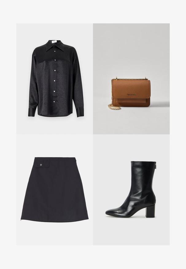 Musta pitkähiha vaarallista paitaa, jossa on kauluspanta, ryppytynyt pinta, täysi napitus edessä ja hihansuut. Valmistettu sileästä kankaan.; Mustat puuvillahameet, joissa on suora siluetti, napilla varustettu tasku, sivuvetoketju ja sileä kangasrunko.; Musta nahkainen nilkkuri, jossa on terävä kärki ja 4 cm:n lohkokorko. Tyylikäs muotoilu sisältää sivuvetoketjun helppoa pukeutumista varten. Siro pinta.; Ruskean teksturoidun nahkasta valmistettu crossbody-laukku, jossa on kultaketjuhihna ja läppäkiinnitys. Edessä on logodetail ja tasku läppäisen alla.