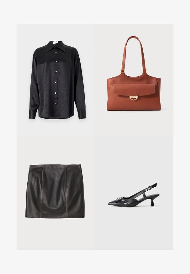 Čierna košeľa s dlhým rukávom a golierom, s pokrčenou textúrou, plne gombíkovou prednou časťou a manžetami. Vyrobená z hladkého materiálu.; Čierna kožená sukňa s prešitými panelmi, priamej siluety a hladkou textúrou. Minimalistický dizajn bez kovových prvkov.; Čierne kožené slingback topánky s špicatou špičkou, ozdobnými popruhmi s kovovými očkami a nízkym blokovým podpätkom. Textúrovaný povrch.; Hnedá kožená taška s dlhými uchami, predná vrecko na klapke a zlatým srdiečkovým zapínaním s gravírovaním "Love Moschino."