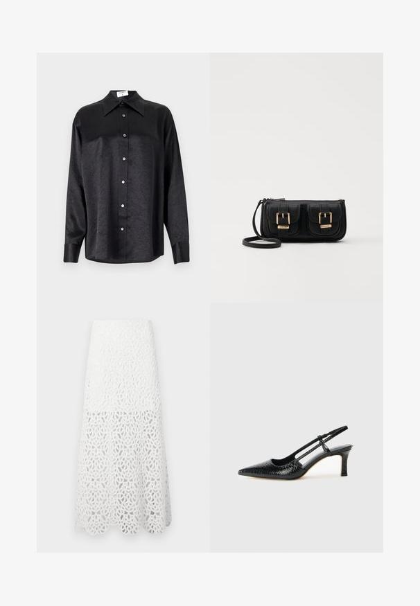 Zwarte blouse met lange mouwen en een kraag, voorzien van een gekreukt oppervlak, volwaardige knopen aan de voorkant en manchetten. Gemaakt van een gladde stof.; Maje JOZIMALO - Maxirok - ecru; Zwart patent slingback hak met een spitse neus, voorzien van een gestructureerde slangenprint, verstelbare band en een korte, gestructureerde blokhak.; Zwarte leren schoudertas met twee vo pockets, gouden gespen, ritsluiting en een smalle band. Tekstuur oppervlak en compacte rechthoekige vorm.