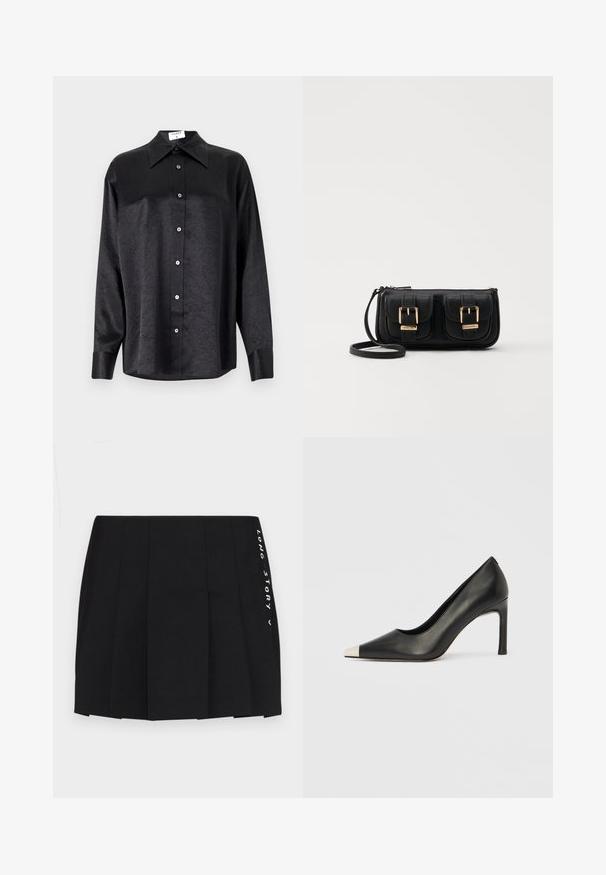 Černá košile s dlouhým rukávem a límečkem, s jakostní texturou, plně zapínací, s manžetami. Vyrobena z hladkého materiálu.; MAX&Co. LONG VERY SHORT - Plisovaná sukně - schwarz; Černá kožená lodička na vysokém podpatku s špičatou špičkou a stříbrnou kovovou špičkou. Má hladký povrch a štíhlý 10cm podpatek.; Černá kožená crossbody taška se dvěma předními kapsami, zlatými přezkami, zipovým uzávěrem a štíhlým popruhem. Texturovaný povrch a kompaktní obdélníkový tvar.