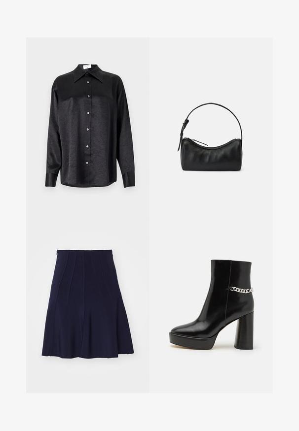 Chemise noire à manches longues avec un col, présentant une texture froissée, une fermeture à boutons sur le devant et des poignets. Fabriquée en tissu lisse.; Norma Kamali GRACE MINI SKIRT - Minijupe - true navy; Bottine noire en cuir verni avec une plateforme épaisse et un haut talon bloc. Caractérisée par un accent en chaîne argentée sur le côté. Texture lisse.; Sac épaule en cuir noir avec un design courbé, fermeture éclair et une sangle fine. Doté d'une texture lisse et de détails de couture subtils.