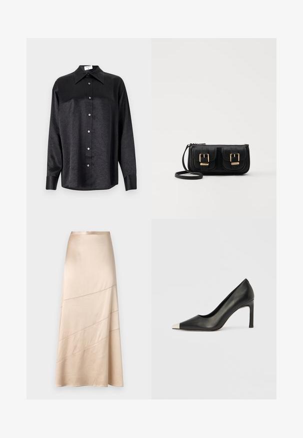 Black long-sleeve shirt with a collared neckline, featuring a crinkled texture, full button front, and cuffs. Made from a smooth fabric.; Light beige satin midi skirt featuring a flowing silhouette, diagonal stitching details, and a smooth texture with a subtle sheen.; Black leather high heel shoe with a pointed toe and a metallic silver cap. Features a smooth finish and a slender 10 cm heel.; Black leather crossbody bag with two front pockets, gold buckles, zipper closure, and a slim strap. Textured surface and compact rectangular shape.