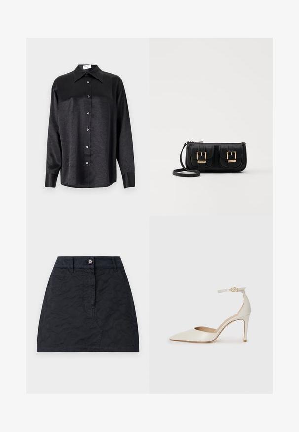 Zwarte blouse met lange mouwen en een kraag, voorzien van een gekreukt oppervlak, volwaardige knopen aan de voorkant en manchetten. Gemaakt van een gladde stof.; Zwarte rok met een gestructureerd patroon, voorzien van een sluiting met knopen aan de voorkant, twee zakken en een getailleerde snit. Gemaakt van duurzame stof.; Witte leren hoge hak schoen met een spitse neus, enkelbandje en een slanke stiletto hiel. Gladde textuur met een subtiele glanzende afwerking.; Zwarte leren schoudertas met twee vo pockets, gouden gespen, ritsluiting en een smalle band. Tekstuur oppervlak en compacte rechthoekige vorm.