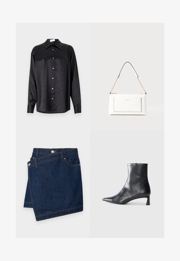 Svart långärmad skjorta med krage, med en krinklad textur, full knappstängning och manschetter. Tillverkad av ett glatt tyg.; Mörk denimbomulls kjol med hög midja, med knappstängning framtill, sned sömmar och kontrasterande sömnad längs fållen.; Svart läder ankelboot med spetsig tå och en smidig design. Har en låg klack och en dragkedjestängning bak. Slät textur.; Vit läderhandväska med texturerad yta, med guldkedjeslinga och svarta accenter. Inkluderar en framsida ficka och dragkedjestängning.