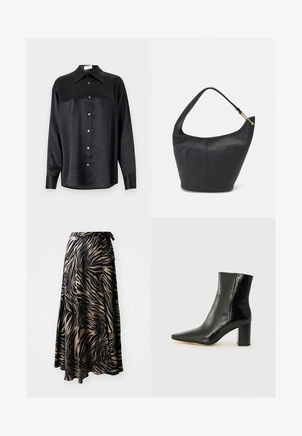 Chemise noire à manches longues avec un col, présentant une texture froissée, une fermeture à boutons sur le devant et des poignets. Fabriquée en tissu lisse.; Jupe portefeuille en imprimé zèbre noir et beige. Fabriquée en tissu léger avec un design fluide, dotée d'une taille à nouer et d'un ourlet asymétrique.; Bottines noires en cuir brillant avec un nez pointu et un talon large et carré. Présente une texture lisse et un design minimaliste.; Sac à main en cuir noir avec une forme arrondie, une large bandoulière et une finition texturée. Présente un détail de couture subtil et un accent en métal doré.