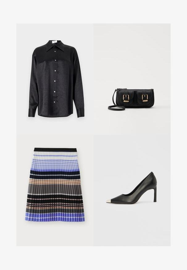 Chemise noire à manches longues avec un col, présentant une texture froissée, une fermeture à boutons sur le devant et des poignets. Fabriquée en tissu lisse.; MUNTHE MARMING - Jupe trapèze - multi-coloured; Chaussure à talon haut en cuir noir avec bout pointu et capuchon argenté métallique. Présente une finition lisse et un talon fin de 10 cm.; Sac en cuir noir porté en travers avec deux poches avant, boucles dorées, fermeture zippée et une sangle fine. Surface texturée et forme rectangulaire compacte.