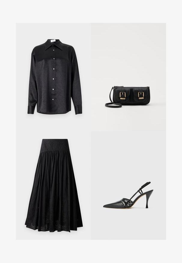 Black long-sleeve shirt with a collared neckline, featuring a crinkled texture, full button front, and cuffs. Made from a smooth fabric.; Black maxi skirt made of cotton with an embroidered waistband. Features gathered fabric and eyelet detailing along the hem.; Black leather high-heeled slingback shoe with pointed toe, crisscross strap design, and slim stiletto heel. Smooth texture and minimal accents.; Black leather crossbody bag with two front pockets, gold buckles, zipper closure, and a slim strap. Textured surface and compact rectangular shape.