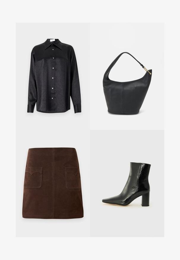 Black long-sleeve shirt with a collared neckline, featuring a crinkled texture, full button front, and cuffs. Made from a smooth fabric.; Brown suede skirt featuring a classic A-line shape, two front pockets with rounded flaps, and subtle stitching details.; Black ankle boot made of glossy leather with a pointed toe and a chunky, square heel. Features a smooth texture and minimalistic design.; Black leather handbag with a rounded shape, a wide strap, and a textured finish. Features a subtle seam detail and a gold-tone hardware accent.