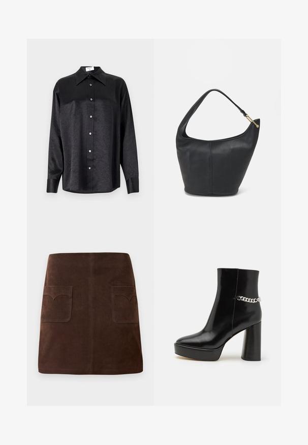 Schwarzes Langarmhemd mit kragenförmigem Halsausschnitt, mit einem zerknitterten Textur, voller Knopfleiste und Manschetten. Hergestellt aus einem glatten Stoff.; Brauer Wildlederrock im klassischen A-Linien-Schnitt, mit zwei vorderen Taschen mit abgerundeten Klappen und dezenten Nähten.; Schwarze Lackleder-Ankle-Boots mit plattenförmigem Absatz und hohem Blockabsatz. Verfügt über einen silbernen Kettenakzent an der Seite. Glatte Textur.; Schwarze Lederhandtasche mit abgerundeter Form, breitem Tragegurt und strukturiertem Finish. Besitzt eine subtile Nahtdetails und einen Akzent aus goldfarbenem Metall.