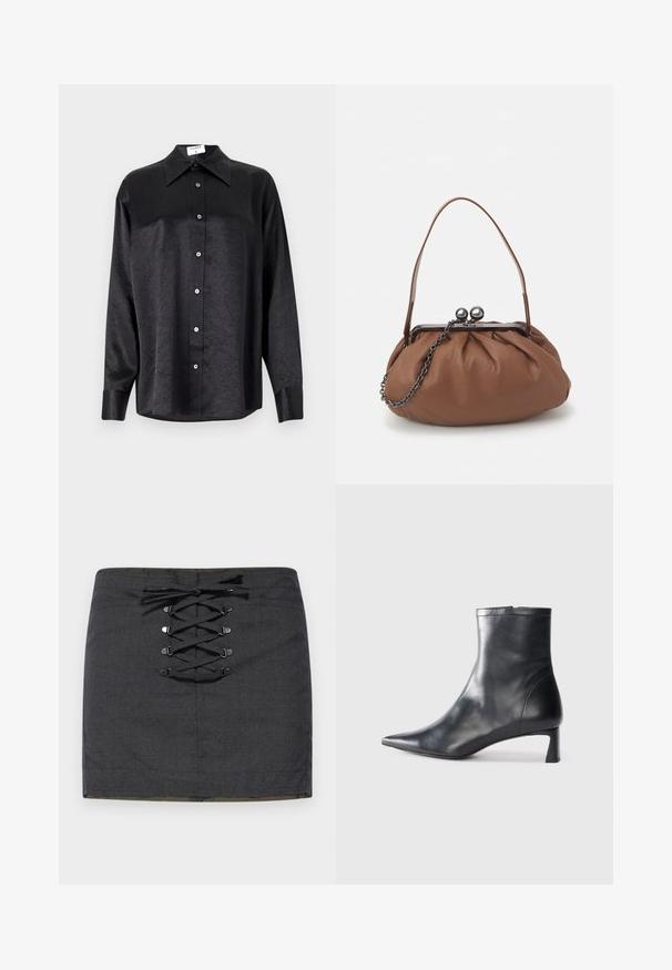 Zwarte blouse met lange mouwen en een kraag, voorzien van een gekreukt oppervlak, volwaardige knopen aan de voorkant en manchetten. Gemaakt van een gladde stof.; Donkergrijze mini-rok met een opvallende veterdetail aan de voorkant en metalen hardware. Glad textuur, slank model en middelhoge tailleband.; Zwarte leren enkellaars met een spitse neus en een slank ontwerp. Heeft een lage hak en een ritssluiting aan de achterkant. Gladde textuur.; Bruine leren handtas met een geplooid ontwerp, een korte leren handgreep en een kettinghengsel. Voorzien van een zilveren metalen sluiting met twee ronde accenten.