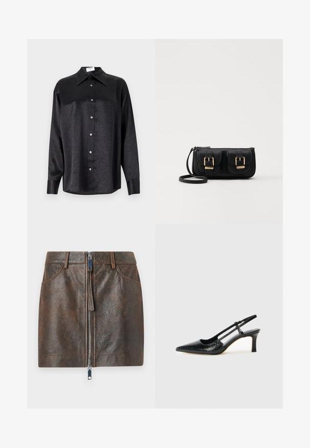 Fekete, hosszú ujjú ing, galléros nyakkal, gyűrött textúrával, teljes gombos elejével és mandzsettákkal. Simaságú anyagból készült.; Barna bőr mini szoknya fényes cipzárral elöl, két oldalsó zsebbel és texturált felülettel. Fitt fazonú és normál derékkal rendelkezik.; Fekete lakk slingback sarok, hegyes orral, texturált kígyómintával, állítható pánttal és rövid, texturált tömbsarkal.; Fekete bőr keresztbody táska két elülső zsebbel, arany csattokkal, cipzáras záródással és vékony pánttal. Textúrált felület és kompakt téglalap alak.