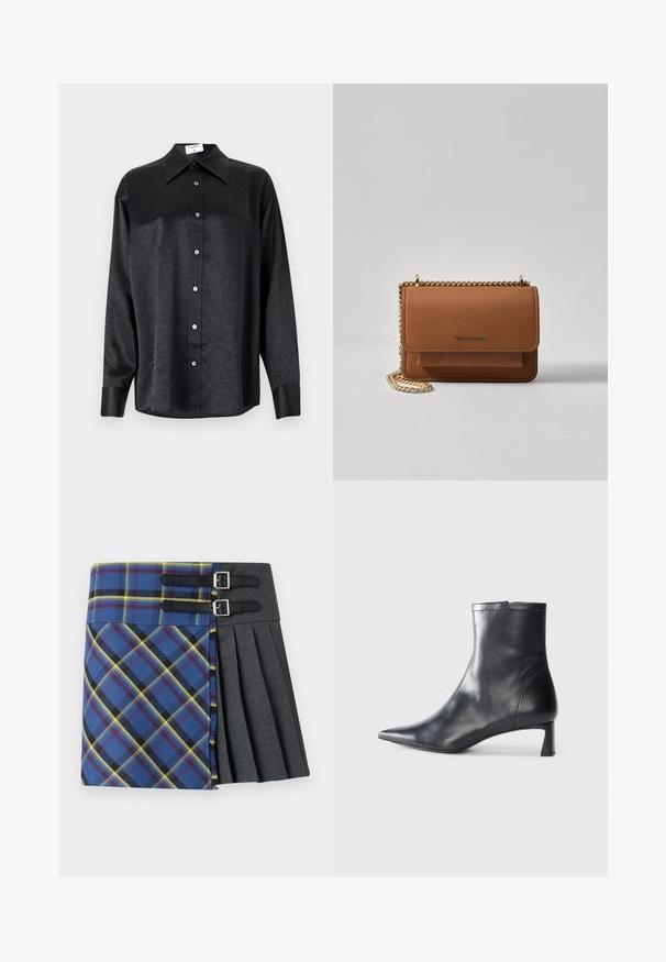 Musta pitkähiha vaarallista paitaa, jossa on kauluspanta, ryppytynyt pinta, täysi napitus edessä ja hihansuut. Valmistettu sileästä kankaan.; Takkihame sinivihreällä ja keltaisella ruudullisella kuviolla, jossa on pleatattu harmaa osa, kiinnitettynä kahdella mustalla hihnalla hopeisilla soljilla.; Musta nahkainen nilkkabotti, jossa on teräväkärkinen muotoilu ja tyylikäs design. Varusteena matala korko ja takana vetoketjukiinnitys. Sileä pinta.; Ruskean teksturoidun nahkasta valmistettu crossbody-laukku, jossa on kultaketjuhihna ja läppäkiinnitys. Edessä on logodetail ja tasku läppäisen alla.