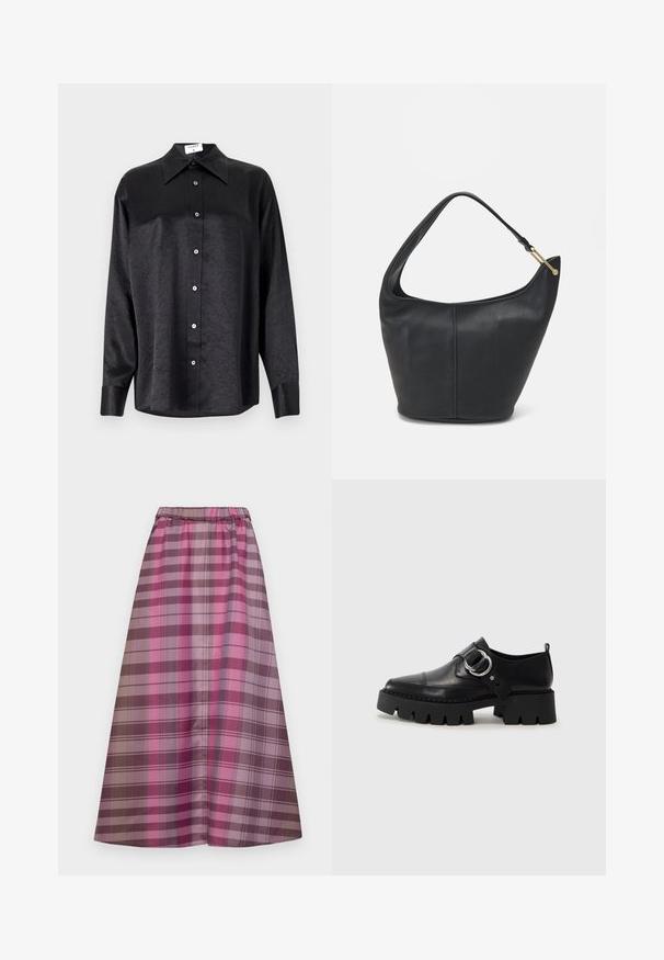 Camisa negra de manga larga con cuello, que presenta una textura arrugada, botón frontal completo y puños. Fabricada en un tejido suave.; Larga falda de cuadros que presenta tonos variados de rosa, morado y marrón. Hecha de tela suave con una cintura elástica para mayor comodidad.; Zapatos de cuero negro con una suela gruesa y estriada, que presentan un acento de hardware plateado en forma circular y un detalle de costura mínima.; Bolso de cuero negro con forma redondeada, un strap ancho y un acabado texturizado. Presenta un sutil detalle de costura y un acento de hardware en tono dorado.