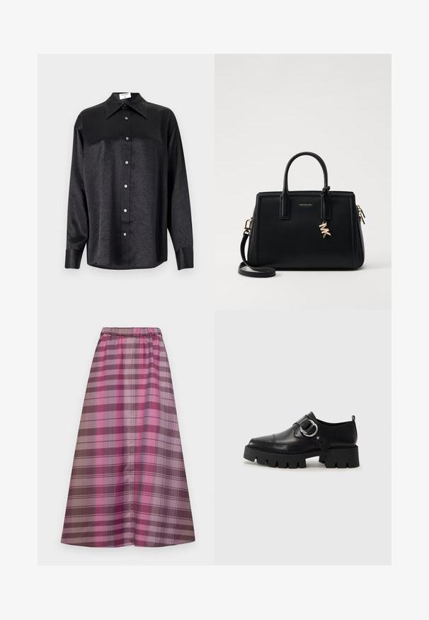 Musta pikemate varrukatega särk, millel on krae ja kortsus tekstuur, täispikk nööpidega eesmine osa ja varrukate mansetid. Valmistatud siledast kangast.; Pikk ruuduline seelik, mis sisaldab erinevaid roosa, lilla ja pruuni toone. Valmistatud siledast kangast, kus on mugav elastne vöökoht.; Mustad musta naha jalanõud, millel on jäme ribaga tallad, ringikujuline hõbedane detail ja minimaalne õmblusdetail.; Musta nahast käekott struktureeritud disainiga, kahekordsete ülemiste käepidemetega, eemaldatav õlavööt, kuldne riistvara ja logotäht aktsent.