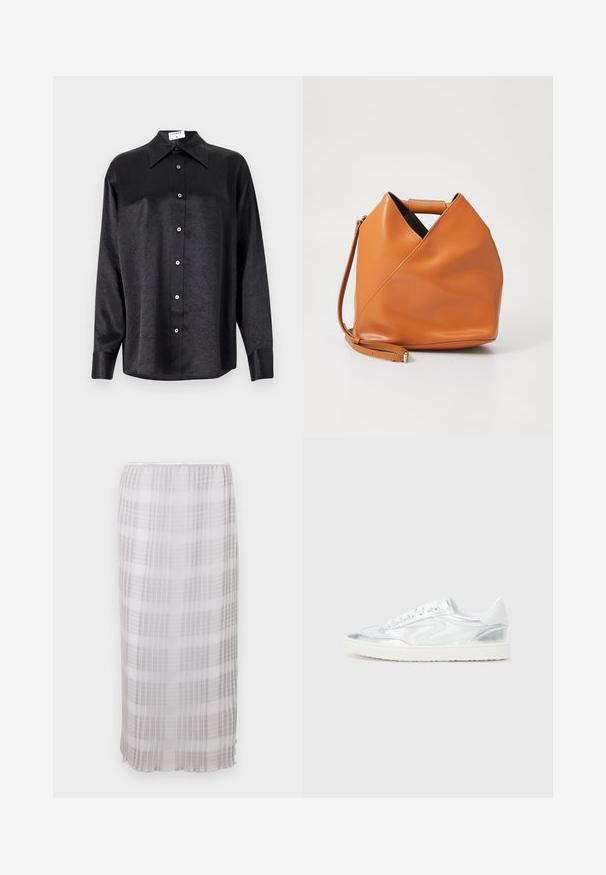 Fekete, hosszú ujjú ing, galléros nyakkal, gyűrött textúrával, teljes gombos elejével és mandzsettákkal. Simaságú anyagból készült.; Hosszú, áttetsző szoknya fehér és szürke kockás mintával. Puha, könnyű anyag, rugalmas derékkal, bokáig érő hosszúsággal.; Fehér sportcipők fényes ezüst díszítéssel, sima felülettel, kerek orral, lapos talppal és hagyományos fűzős kialakítással.; Barna bőr kézitáska egyedi háromszög alakú hajtásdizájnnal, felső fogantyúval és levehető vállpánttal, fehér háttér előtt.