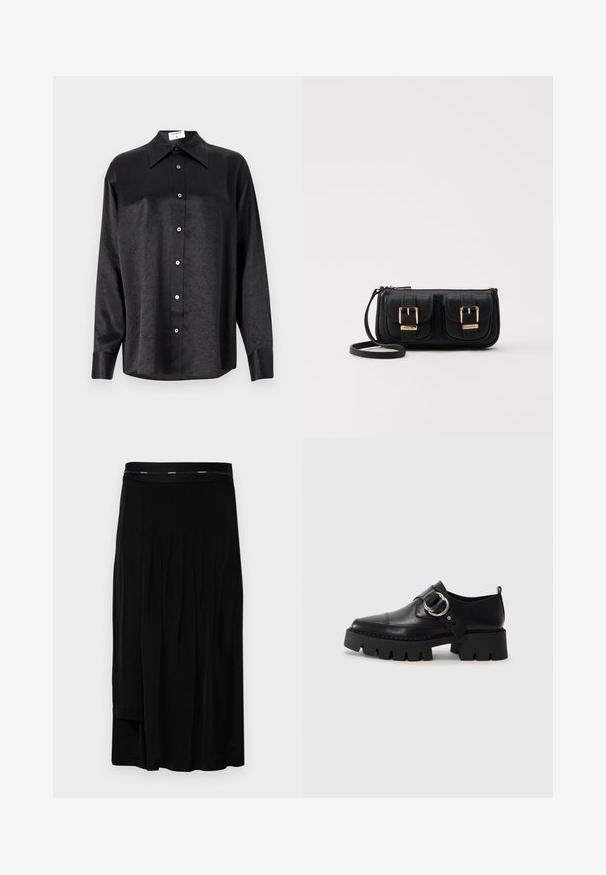 Chemise noire à manches longues avec un col, présentant une texture froissée, une fermeture à boutons sur le devant et des poignets. Fabriquée en tissu lisse.; Jupe midi noire avec des plis, une texture lisse et une large taille avec un logo de marque subtil. Design simple et coupe au sol.; Chaussures noires en cuir avec une semelle épaisse et côtelée, présentant un accent en métal argenté circulaire et des détails de couture minimalistes.; Sac en cuir noir porté en travers avec deux poches avant, boucles dorées, fermeture zippée et une sangle fine. Surface texturée et forme rectangulaire compacte.