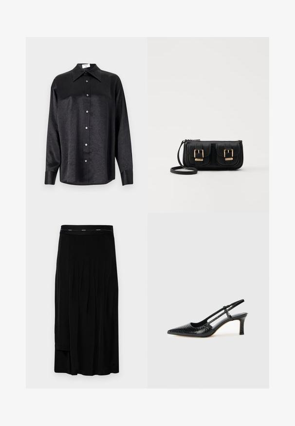 Svart langermet skjorte med krage, som har en rynket tekstur, fullt knappet front og mansjetter. Laget av et glatt stoff.; Svart midiskjørt med plisseringer, en jevn tekstur og et bredt liv med en subtil merkevarelogo. Enkelt design og gulvlengde.; Sorte patent slingback hæl med spids tå, featuring tekstureret slangeskind, justerbar rem og en kort, tekstureret blokhæl.; Svart skinn crossbody veske med to frontlommer, gyldne spenner, glidelåslukking og en slank stropp. Teksturert overflate og kompakt rektangulær form.