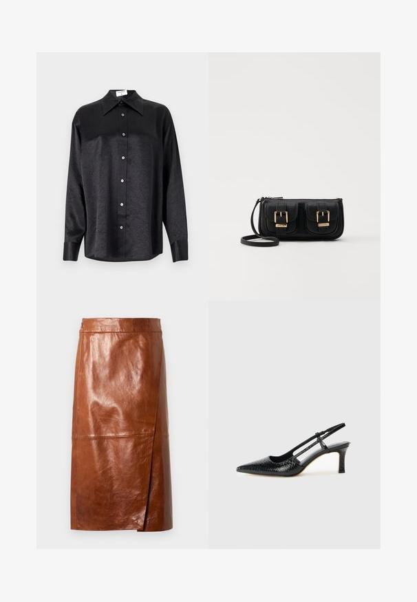 Chemise noire à manches longues avec un col, présentant une texture froissée, une fermeture à boutons sur le devant et des poignets. Fabriquée en tissu lisse.; Jupe en cuir marron, longueur genoux, avec une légère fente à l'avant et une taille ajustée, présentée sur un fond clair.; Escarpin slingback en vernis noir avec un bout pointu, présentant un imprimé serpent texturé, une sangle réglable et un petit talon bloc texturé.; Sac en cuir noir porté en travers avec deux poches avant, boucles dorées, fermeture zippée et une sangle fine. Surface texturée et forme rectangulaire compacte.